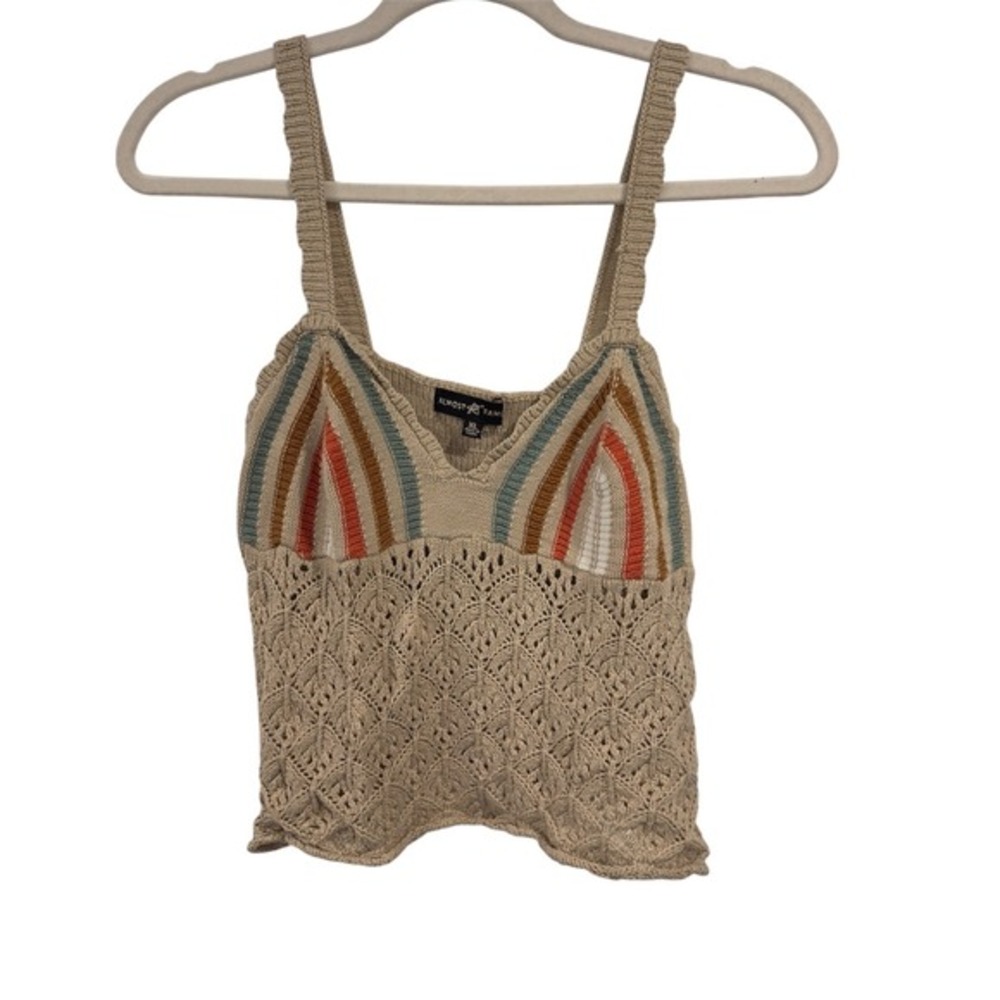 Almost Famous Womens XL Beige Crochet Knit Pointelle Boho Cami Top RAC8100RB